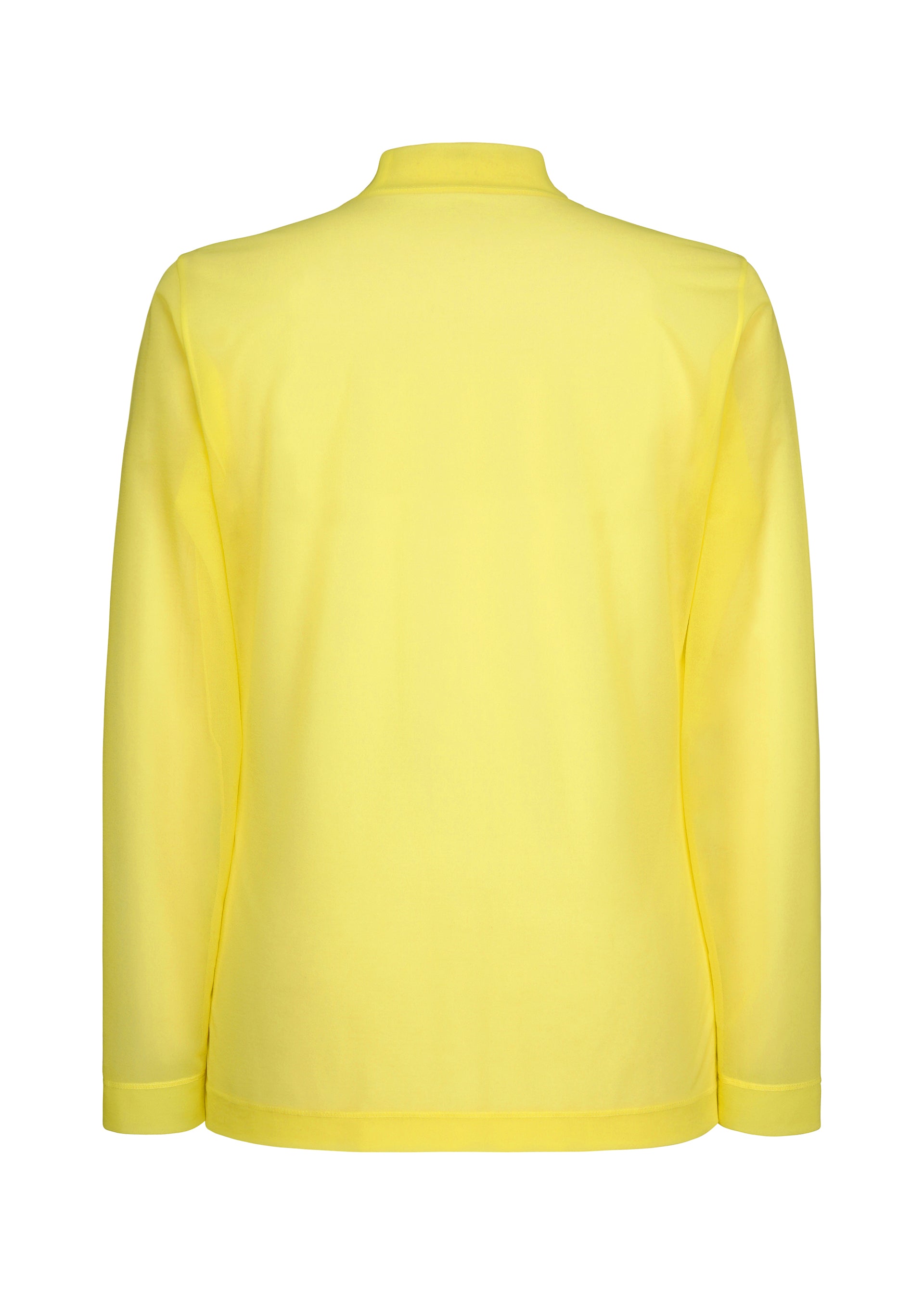 Zoomed view The CRYSTALLINE JERSEY by HOMME PLISSÉ ISSEY MIYAKE is a long-sleeved, plain yellow mock neck top shown from the back, featuring a simple collar and minimalist silhouette with no visible patterns or designs.