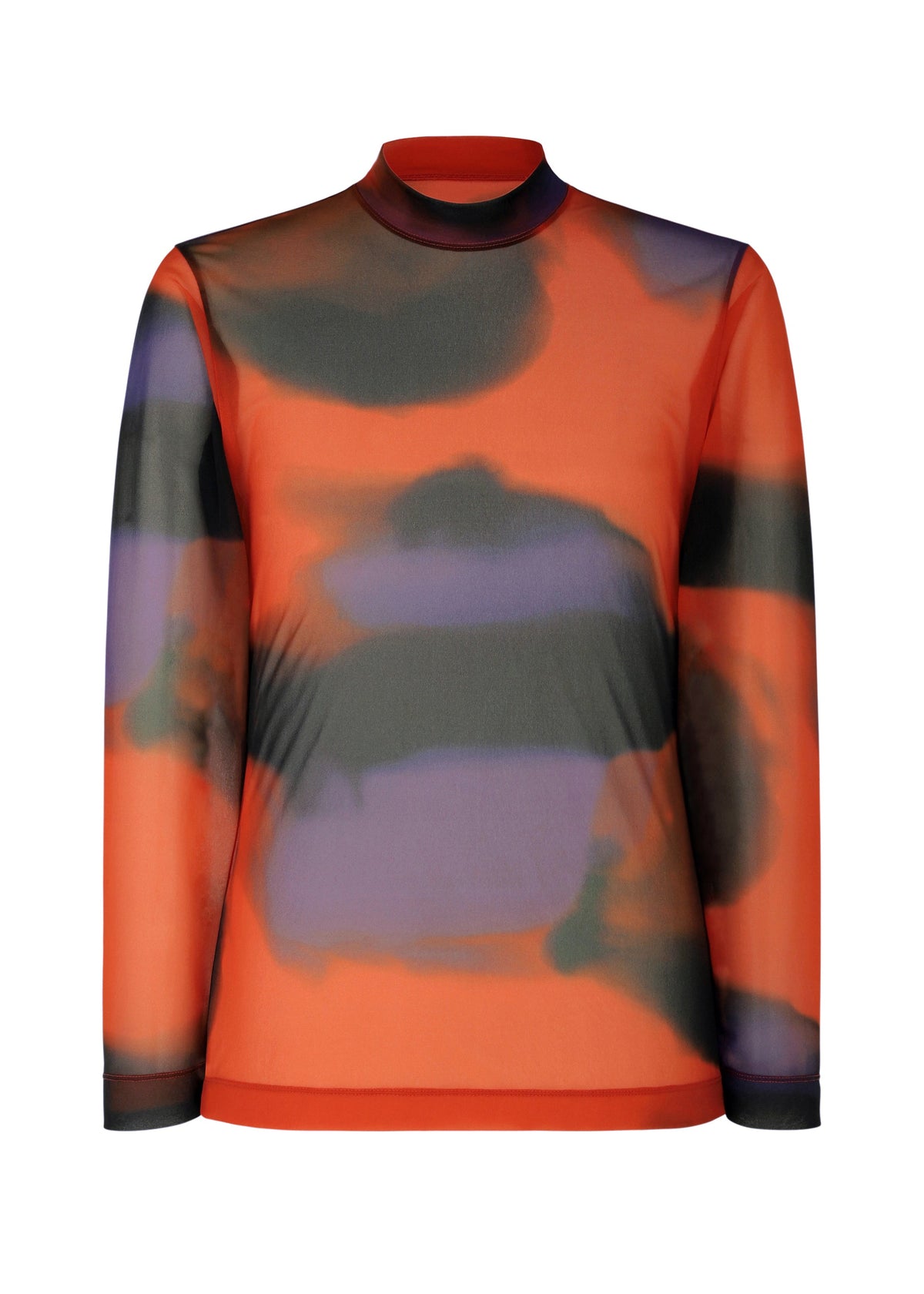 DAWN SHEER by HOMME PLISSÉ ISSEY MIYAKE is a mock-neck, long-sleeved sheer jersey top with an abstract Italian sunrise print in blurred orange, black, and purple tones. view 2 of 8