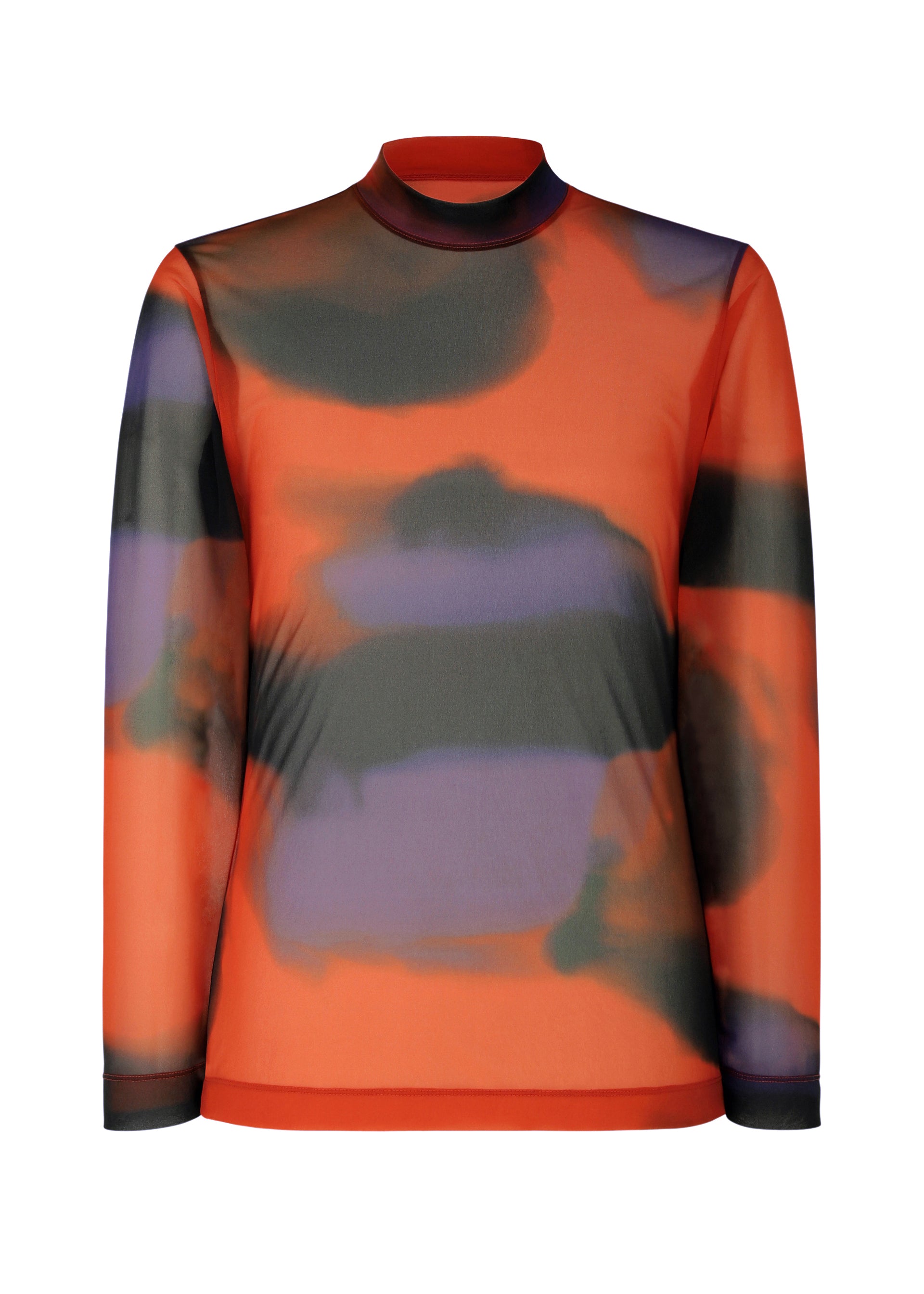 Zoomed view DAWN SHEER by HOMME PLISSÉ ISSEY MIYAKE is a mock-neck, long-sleeved sheer jersey top with an abstract Italian sunrise print in blurred orange, black, and purple tones. - ORANGE （no.32）