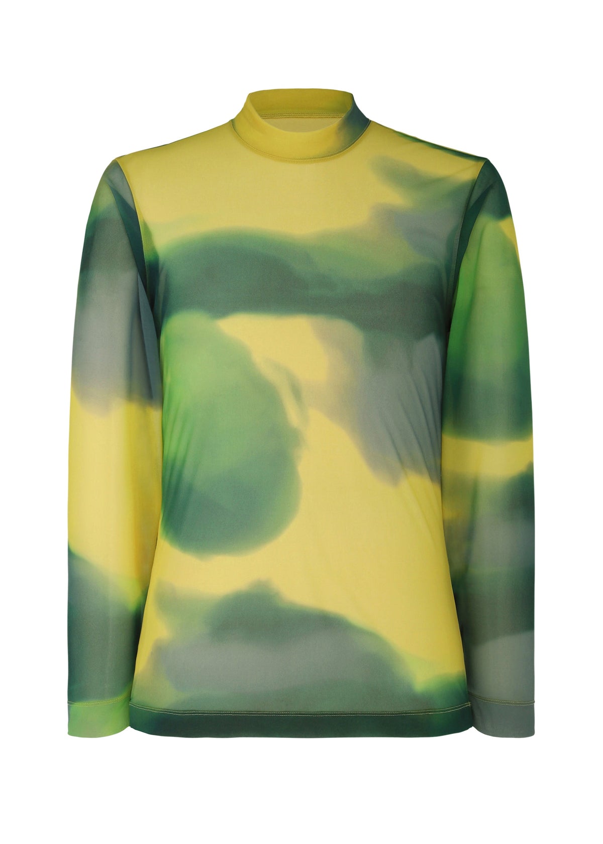 The DAWN SHEER by HOMME PLISSÉ ISSEY MIYAKE is a mock-neck, long-sleeved top with an abstract yellow and green pattern, blending watercolor-like shades for an effect inspired by an Italian sunrise. view 8 of 8