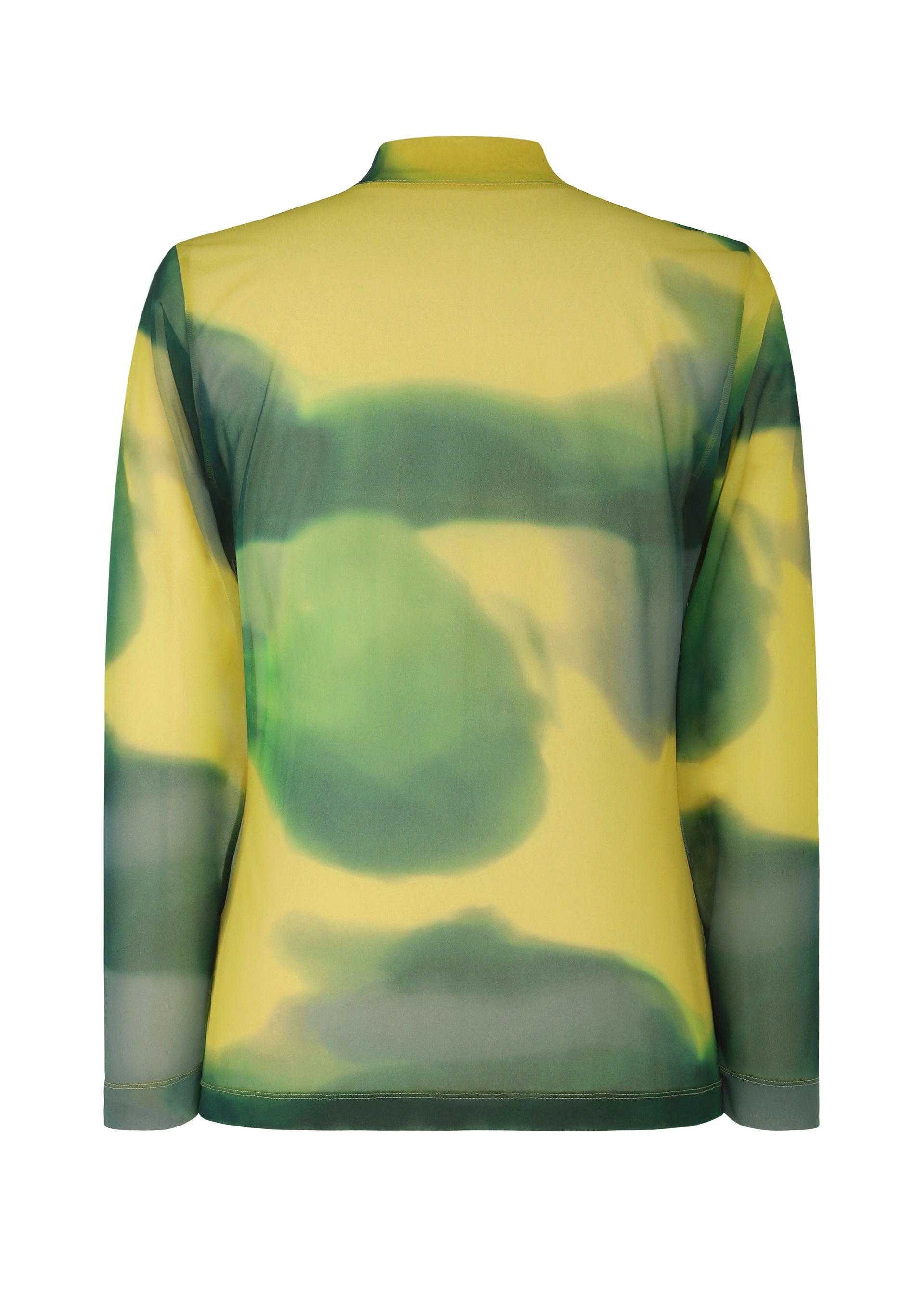 Zoomed view The DAWN SHEER top by HOMME PLISSÉ ISSEY MIYAKE features a yellow base with abstract green patterns. Seen from the back on a white background, this sheer mock-neck jersey evokes the vibrant energy of an Italian sunrise print.