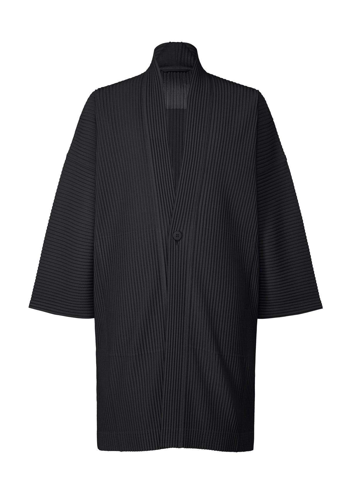 The MONTHLY COLORS : APRIL by HOMME PLISSÉ ISSEY MIYAKE is a black, collarless, knee-length kimono-style coat with wide sleeves, vertical pleats, an open front with a single button closure, and quick-drying polyester for easy wear. view 1 of 6