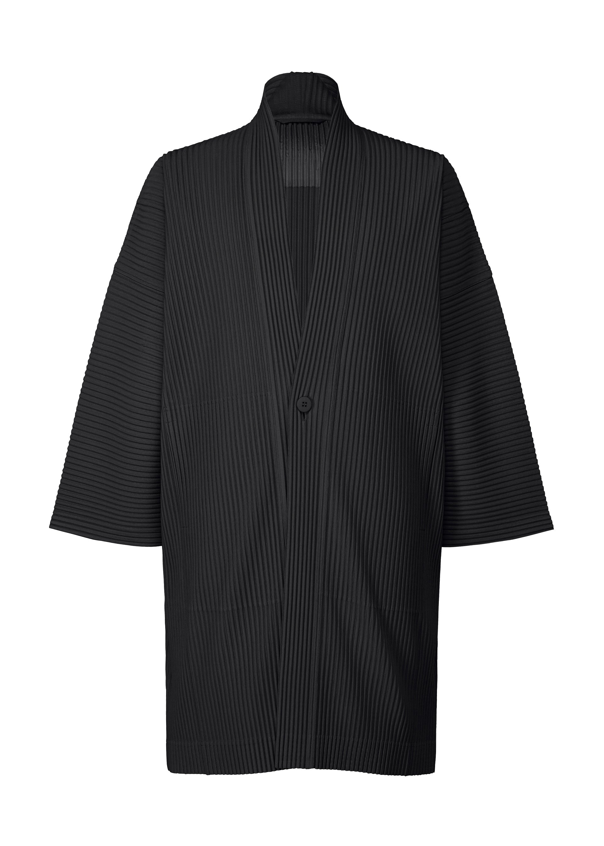 Zoomed view The MONTHLY COLORS : APRIL by HOMME PLISSÉ ISSEY MIYAKE is a black, collarless, knee-length kimono-style coat with wide sleeves, vertical pleats, an open front with a single button closure, and quick-drying polyester for easy wear. - BLACK （no.15）
