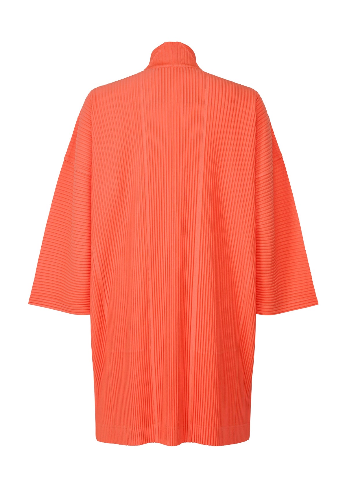The MONTHLY COLORS : APRIL by HOMME PLISSÉ ISSEY MIYAKE is a loose-fitting, long-sleeved coral orange kimono-style jacket with a stand-up collar and vertical pleats, displayed from the back against a white background. view 2 of 6
