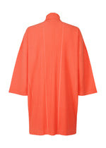 The MONTHLY COLORS : APRIL by HOMME PLISSÉ ISSEY MIYAKE is a loose-fitting, long-sleeved coral orange kimono-style jacket with a stand-up collar and vertical pleats, displayed from the back against a white background.