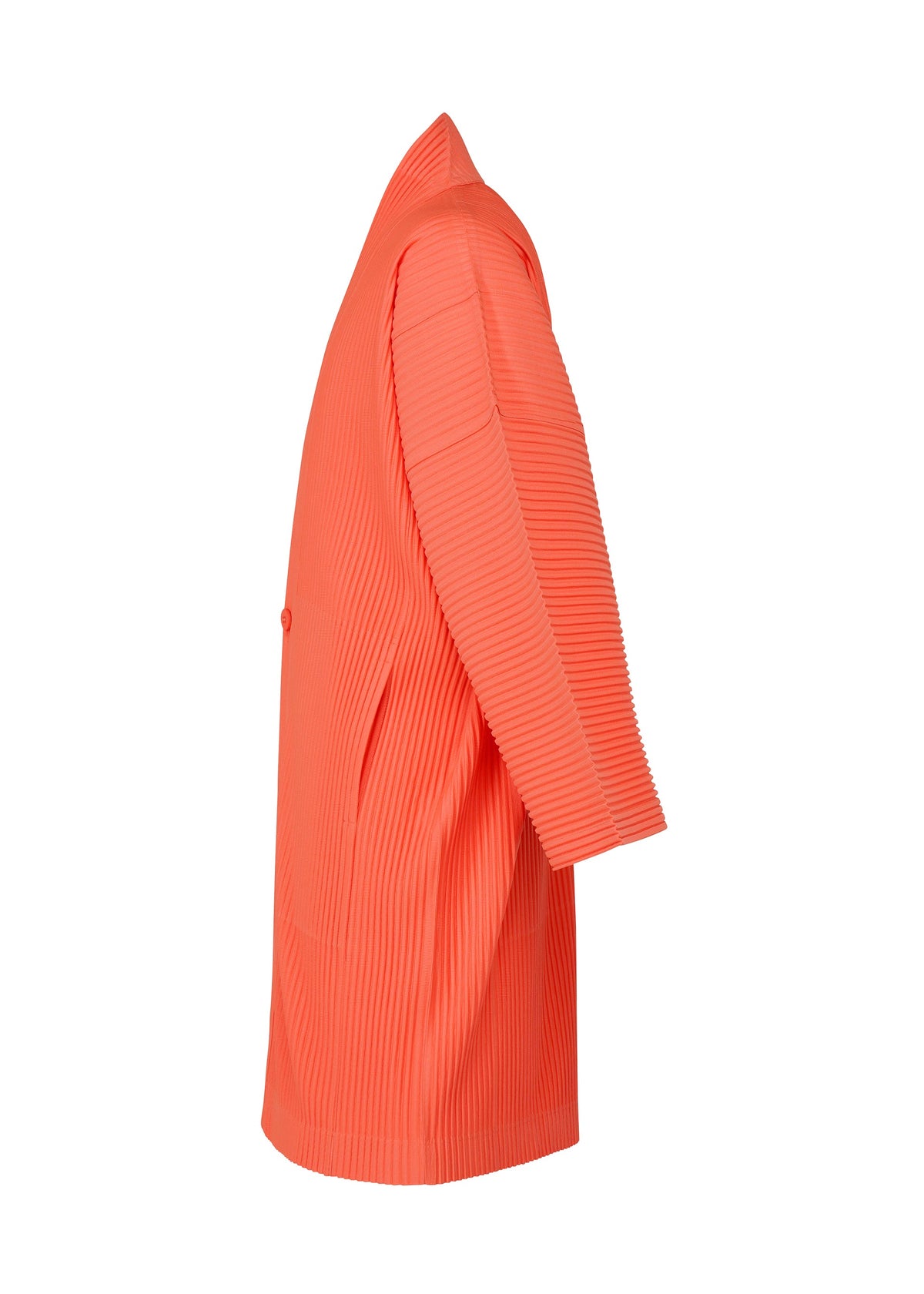 Side view of the MONTHLY COLORS : APRIL coat by HOMME PLISSÉ ISSEY MIYAKE: a bright orange, knee-length, kimono-style coat with ribbed texture, relaxed fit, single-breasted front, two pockets, and quick-drying polyester. view 3 of 6