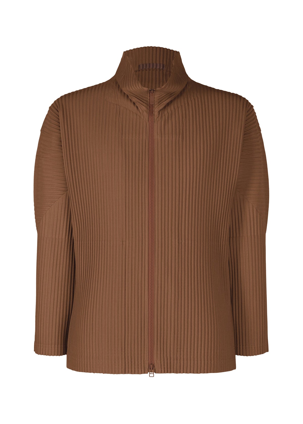 The COLOR PLEATS 2 by HOMME PLISSÉ ISSEY MIYAKE is a brown, long-sleeve zip-up with a high collar and straight cut, featuring all-over pleated ribbed texture. No visible pockets or logos for a sleek look. view 2 of 6