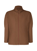 The COLOR PLEATS 2 by HOMME PLISSÉ ISSEY MIYAKE is a brown, long-sleeve zip-up with a high collar and straight cut, featuring all-over pleated ribbed texture. No visible pockets or logos for a sleek look. - ANCHOR BROWN （no.48）