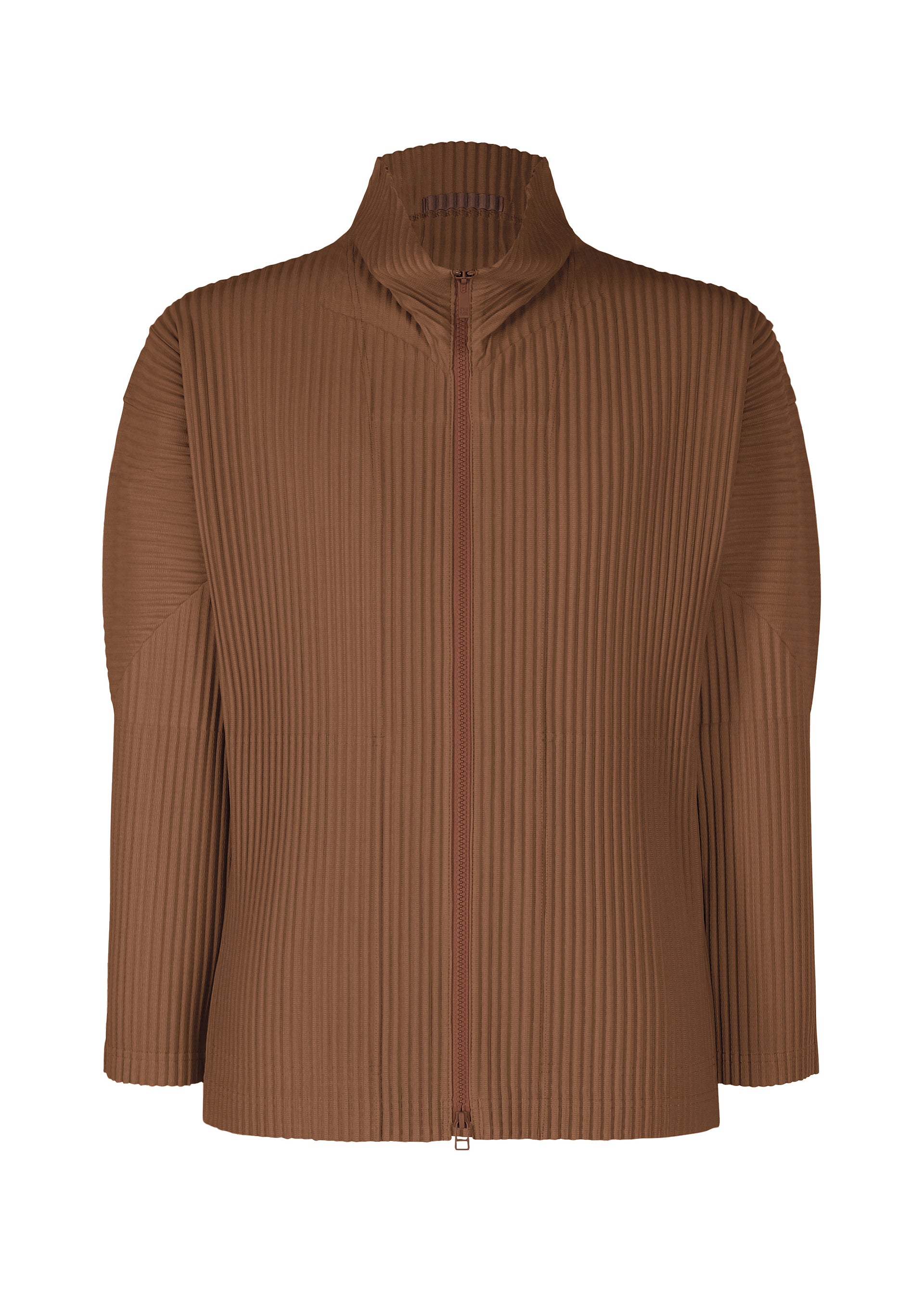 Zoomed view The COLOR PLEATS 2 by HOMME PLISSÉ ISSEY MIYAKE is a brown, long-sleeve zip-up with a high collar and straight cut, featuring all-over pleated ribbed texture. No visible pockets or logos for a sleek look. - ANCHOR BROWN （no.48）