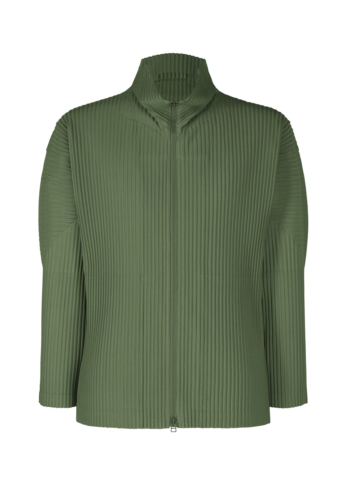 The COLOR PLEATS 2 by HOMME PLISSÉ ISSEY MIYAKE is a green, long-sleeved pleated jersey sweatshirt with a high collar, front zipper, vertical pleats, and a minimalistic, slightly loose fit. view 1 of 6