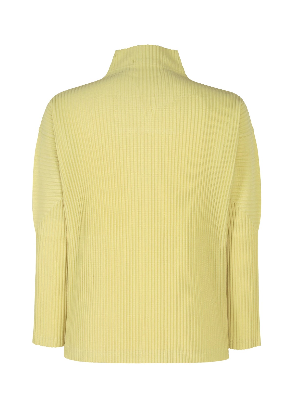 Back view of the HOMME PLISSÉ ISSEY MIYAKE COLOR PLEATS 2— a long-sleeve, light yellow ribbed turtleneck top with vertical pleats, loose fit, and straight hem. view 3 of 6