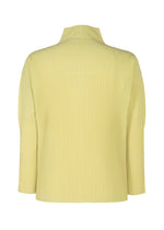 Back view of the HOMME PLISSÉ ISSEY MIYAKE COLOR PLEATS 2— a long-sleeve, light yellow ribbed turtleneck top with vertical pleats, loose fit, and straight hem.