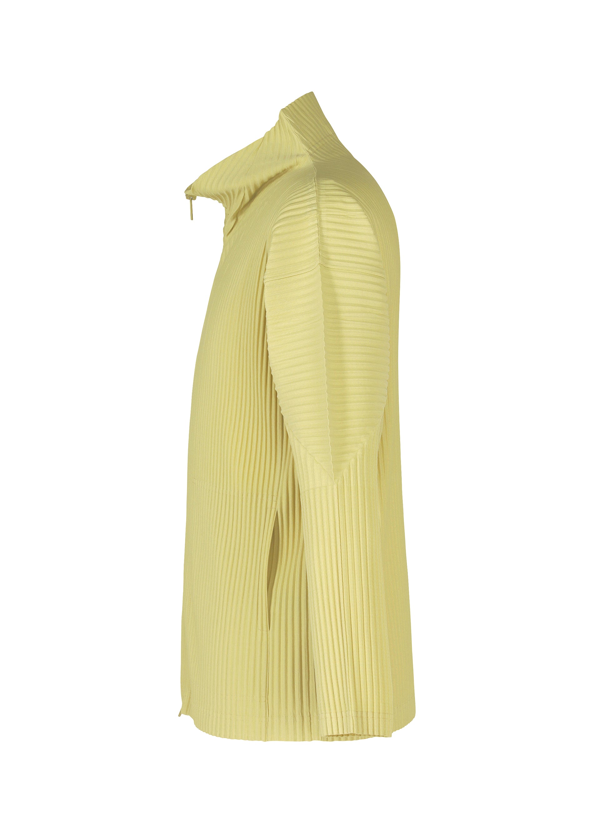 Zoomed view Side view of the COLOR PLEATS 2 light yellow pleated jersey sweatshirt by HOMME PLISSÉ ISSEY MIYAKE, featuring long sleeves, a stand-up collar, and a modern structured design with clean lines.