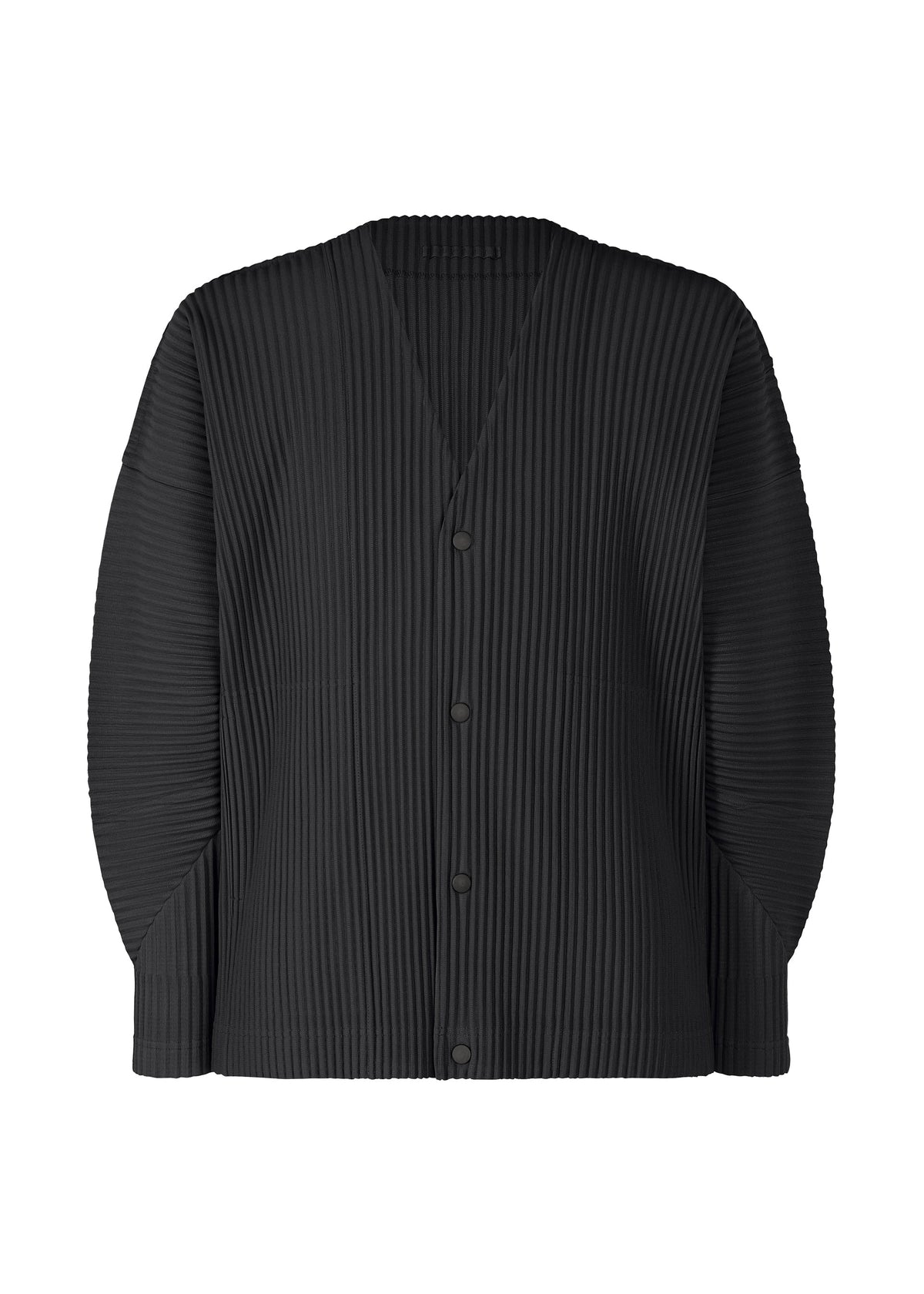 The COLOR PLEATS 1 by HOMME PLISSÉ ISSEY MIYAKE is a black, long-sleeved, pleated button-up cardigan with a V-neck and vertical texture—minimalistic and contemporary in design. view 2 of 7