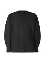 The COLOR PLEATS 1 by HOMME PLISSÉ ISSEY MIYAKE is a black, long-sleeved, pleated button-up cardigan with a V-neck and vertical texture—minimalistic and contemporary in design. - BLACK （no.15）
