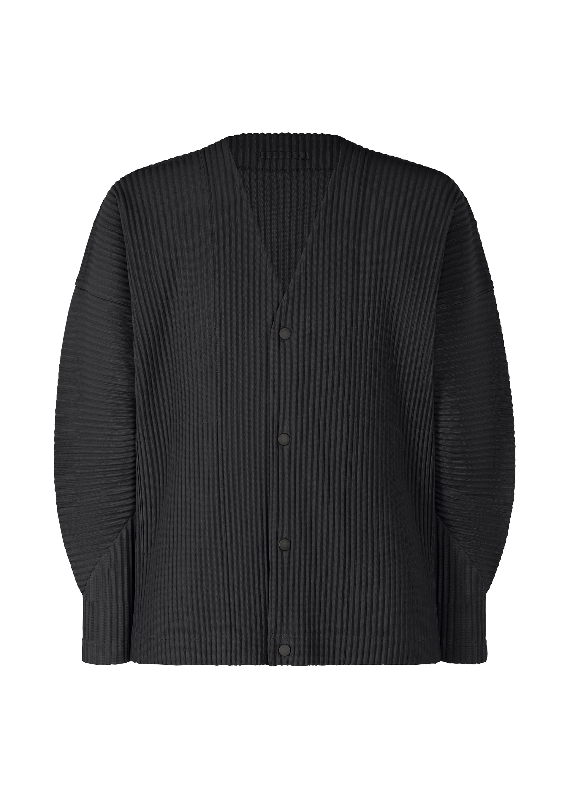 Zoomed view The COLOR PLEATS 1 by HOMME PLISSÉ ISSEY MIYAKE is a black, long-sleeved, pleated button-up cardigan with a V-neck and vertical texture—minimalistic and contemporary in design. - BLACK （no.15）