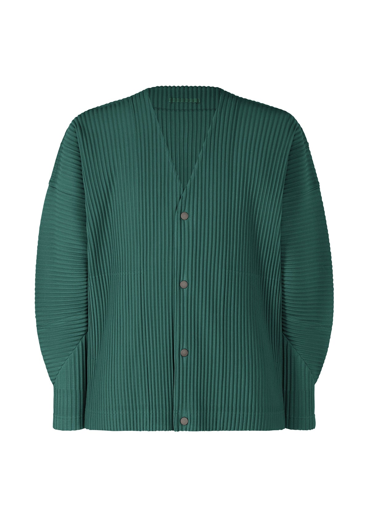 The COLOR PLEATS 1 cardigan by HOMME PLISSÉ ISSEY MIYAKE features forest green vertical pleats, a V-neckline, button-down front, and textured structured fabric for a modern, minimalistic look. view 3 of 7