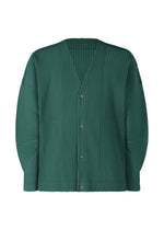 The COLOR PLEATS 1 cardigan by HOMME PLISSÉ ISSEY MIYAKE features forest green vertical pleats, a V-neckline, button-down front, and textured structured fabric for a modern, minimalistic look. - PF OCEAN BLUE （no.78）