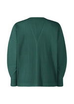 A green, long-sleeved ribbed pleated cardigan from the back, featuring vertical pleats and a V-shaped upper-back detail. From HOMME PLISSÉ ISSEY MIYAKE’s COLOR PLEATS 1 collection.