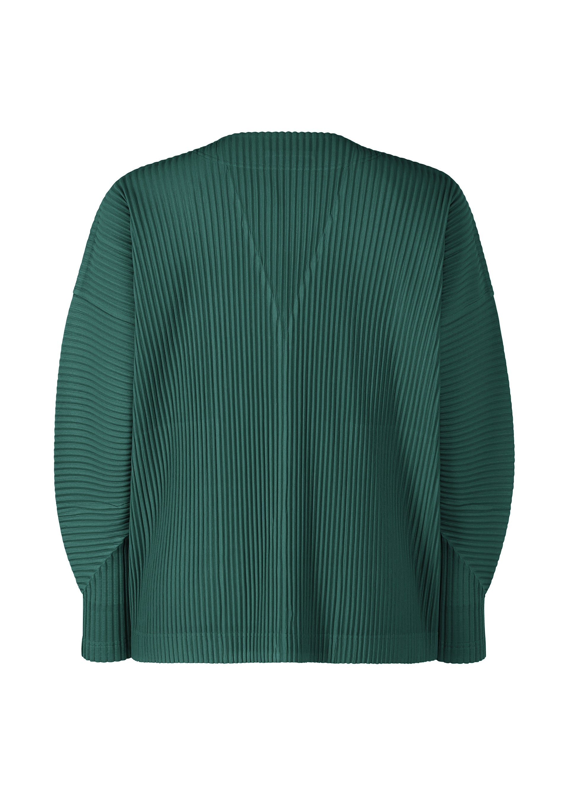 Zoomed view A green, long-sleeved ribbed pleated cardigan from the back, featuring vertical pleats and a V-shaped upper-back detail. From HOMME PLISSÉ ISSEY MIYAKE’s COLOR PLEATS 1 collection.