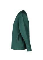Side view of the COLOR PLEATS 1 long-sleeve dark green ribbed pleated cardigan by HOMME PLISSÉ ISSEY MIYAKE, featuring a textured design and straight hem, photographed against a plain white background.