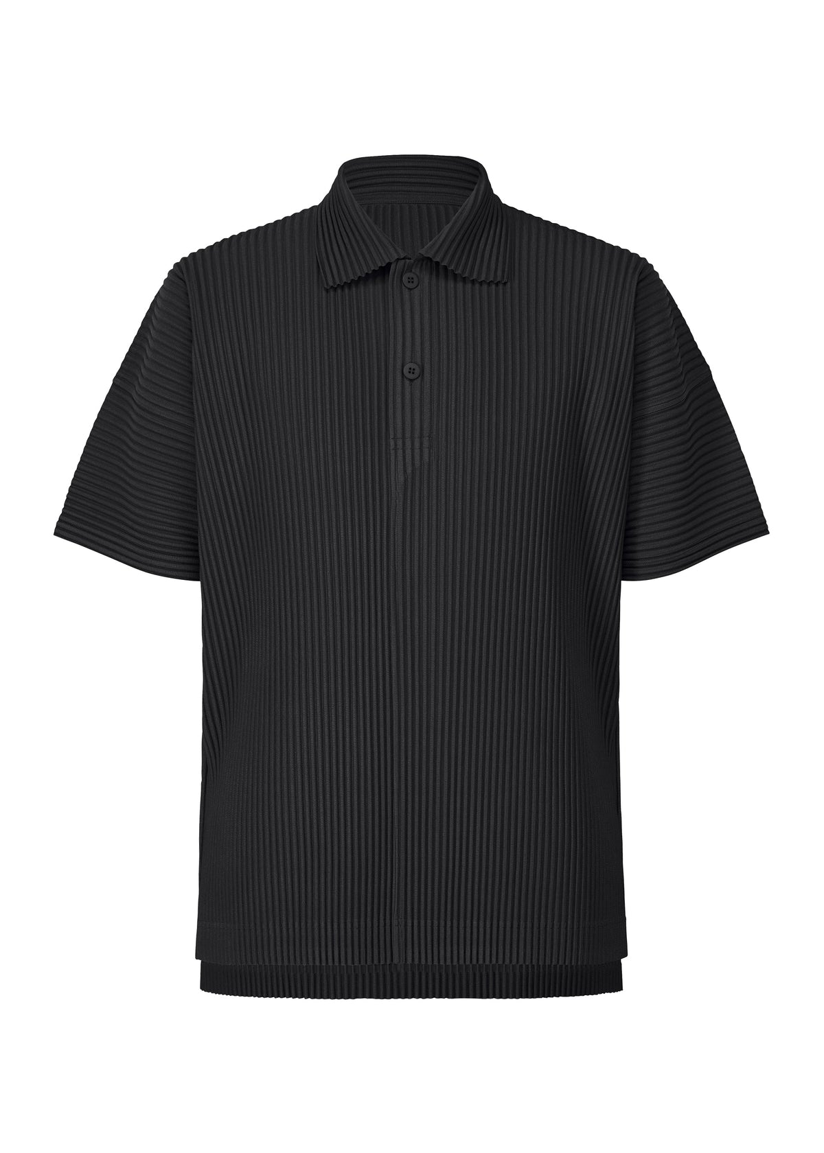 The HOMME PLISSÉ ISSEY MIYAKE MONTHLY COLORS : JUNE is a black, short-sleeved polyester polo with a ribbed pleated texture, collar, and two-button placket. Its quick-drying fabric offers both style and practicality in a modern design. view 1 of 8