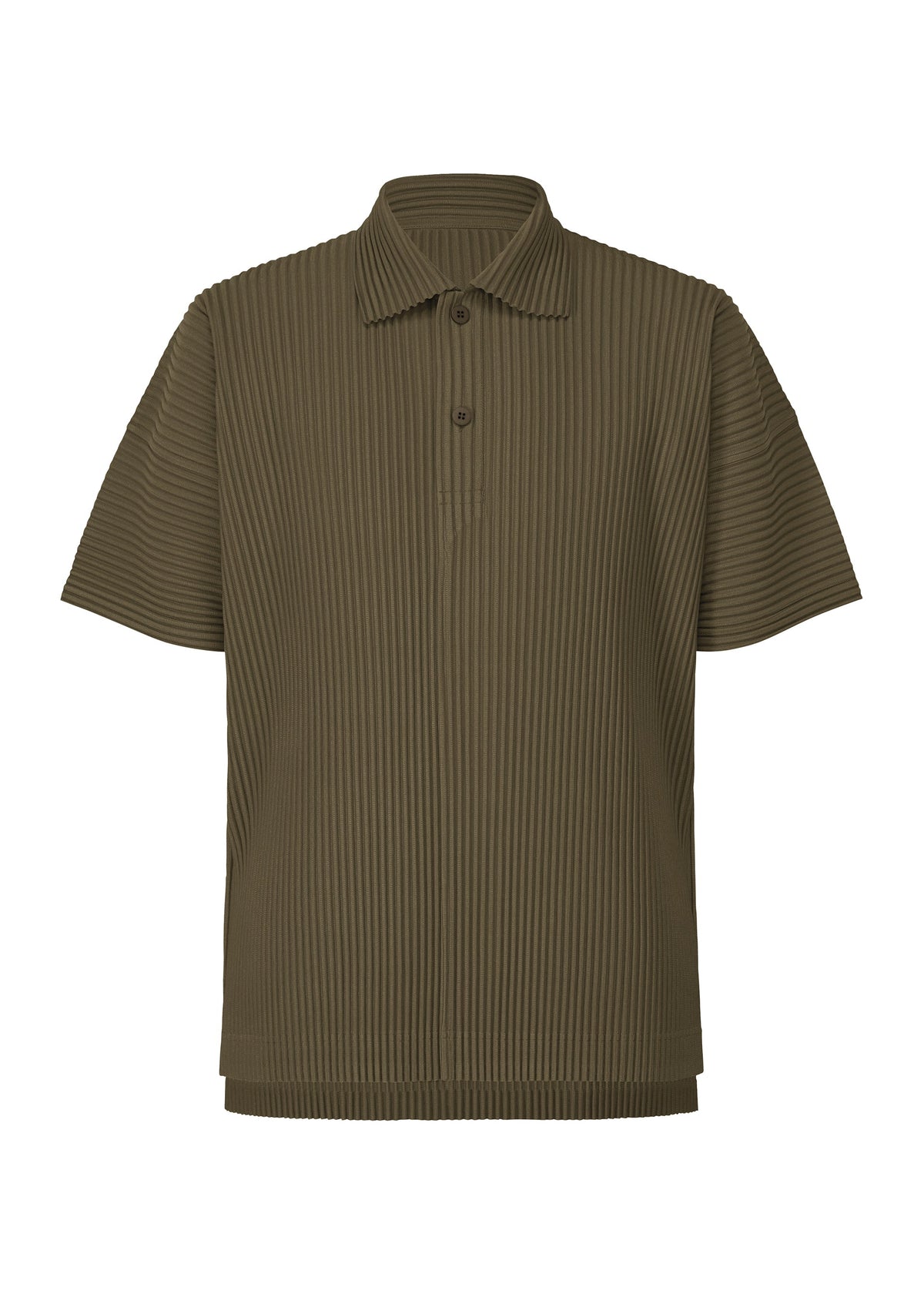 The HOMME PLISSÉ ISSEY MIYAKE MONTHLY COLORS : JUNE polo features olive green, quick-drying ribbed polyester with a collar and two-button placket. Garment is shown against a white background. view 2 of 8