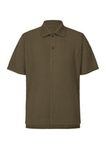 The HOMME PLISSÉ ISSEY MIYAKE MONTHLY COLORS : JUNE polo features olive green, quick-drying ribbed polyester with a collar and two-button placket. Garment is shown against a white background. - GENOVA METAL OCHER （no.37）