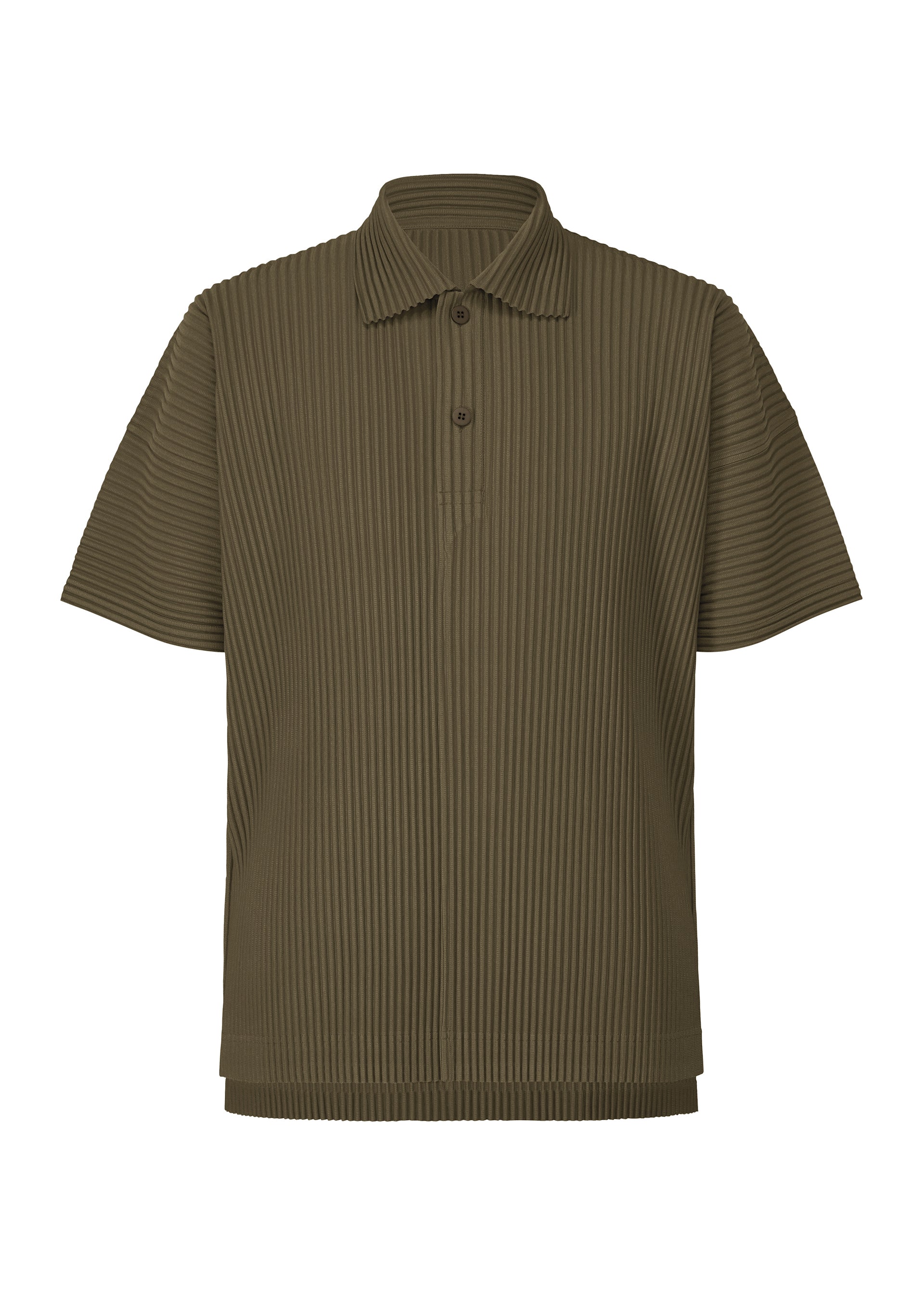 Zoomed view The HOMME PLISSÉ ISSEY MIYAKE MONTHLY COLORS : JUNE polo features olive green, quick-drying ribbed polyester with a collar and two-button placket. Garment is shown against a white background. - GENOVA METAL OCHER （no.37）