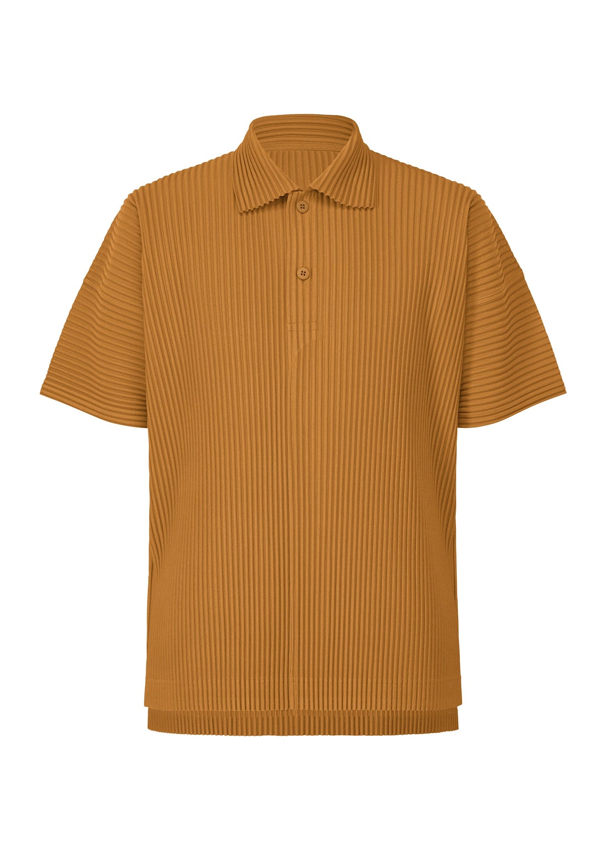 The MONTHLY COLORS : JUNE polo shirt by HOMME PLISSÉ ISSEY MIYAKE is a short-sleeved, ribbed brown top with a collar, two-button front, vertical stripes, and is made from quick-drying polyester. view 3 of 8