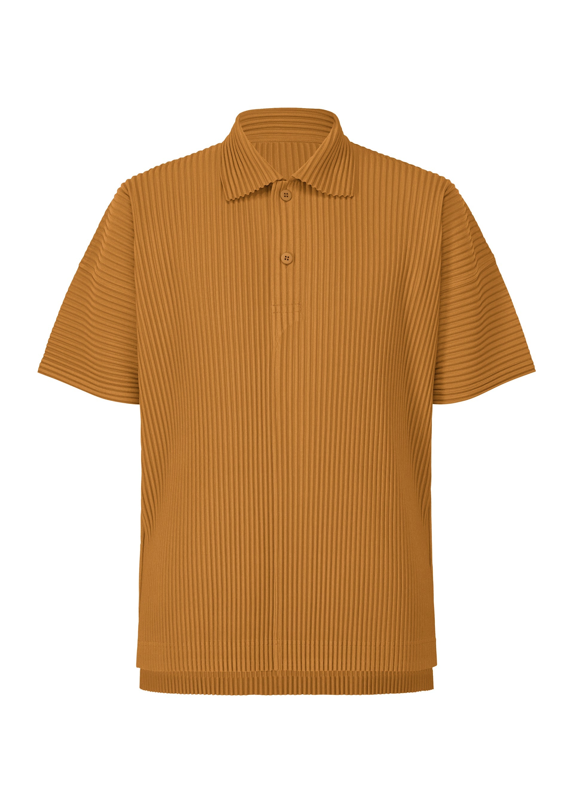 Zoomed view The MONTHLY COLORS : JUNE polo shirt by HOMME PLISSÉ ISSEY MIYAKE is a short-sleeved, ribbed brown top with a collar, two-button front, vertical stripes, and is made from quick-drying polyester. - VENICE BOAT BROWN （no.45）