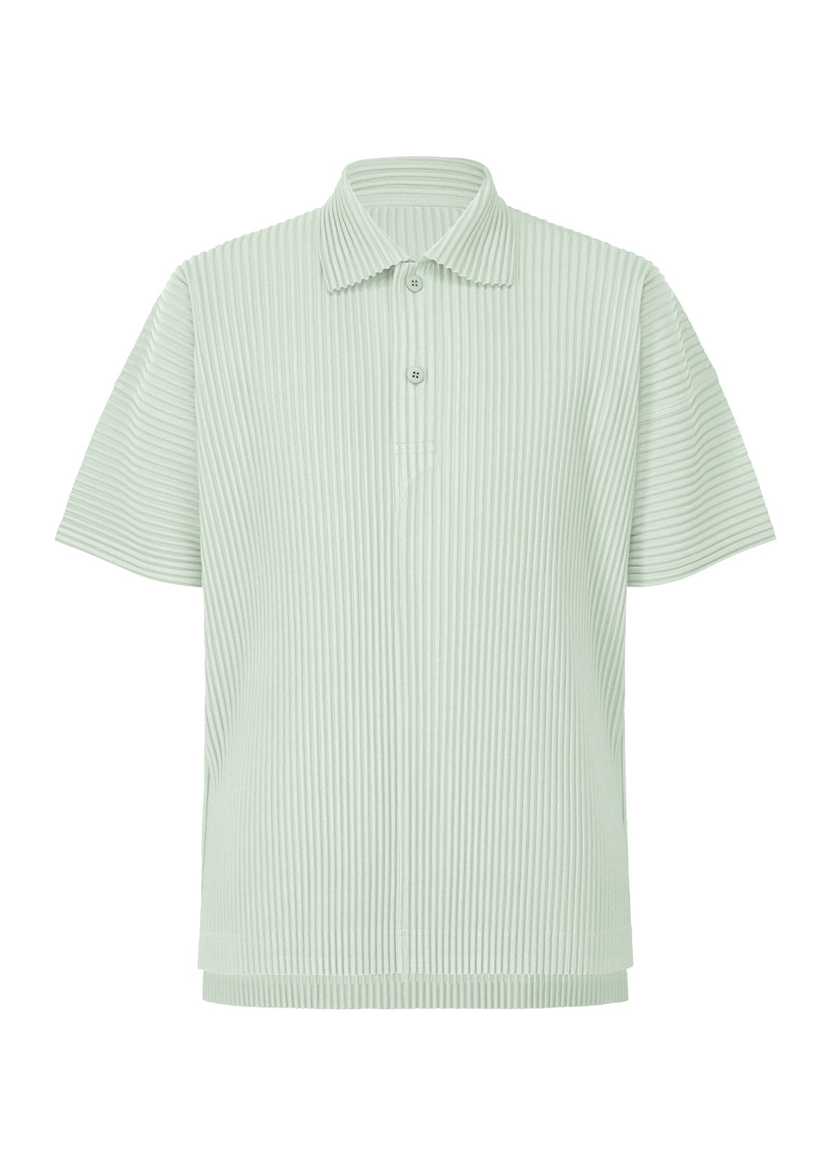 The MONTHLY COLORS : JUNE polo from HOMME PLISSÉ ISSEY MIYAKE is a light green, quick-drying polyester shirt with short sleeves, ribbed texture, classic collar, and two-button placket, shown on a plain white background. view 4 of 8