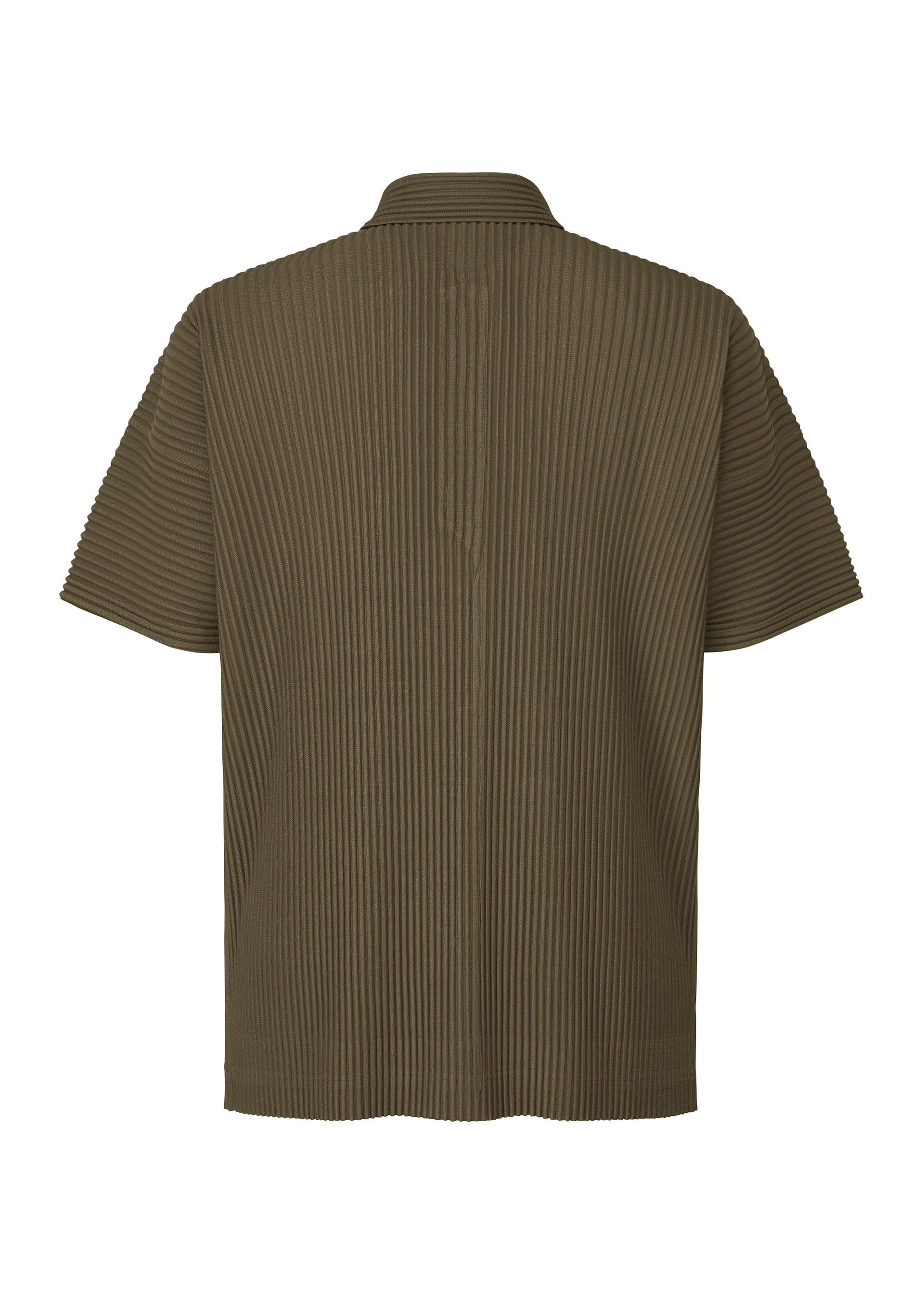 Zoomed view A back view of the HOMME PLISSÉ ISSEY MIYAKE MONTHLY COLORS : JUNE polo shows its olive green hue, vertical pleats, and small collar. This short-sleeve shirt is quick-drying polyester with a relaxed fit and no visible seams or fastenings.