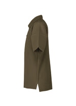 Side view of the HOMME PLISSÉ ISSEY MIYAKE “MONTHLY COLORS : JUNE” short-sleeve, olive green ribbed polo shirt in quick-drying polyester with a collar and straight hem, shown on a plain white background.