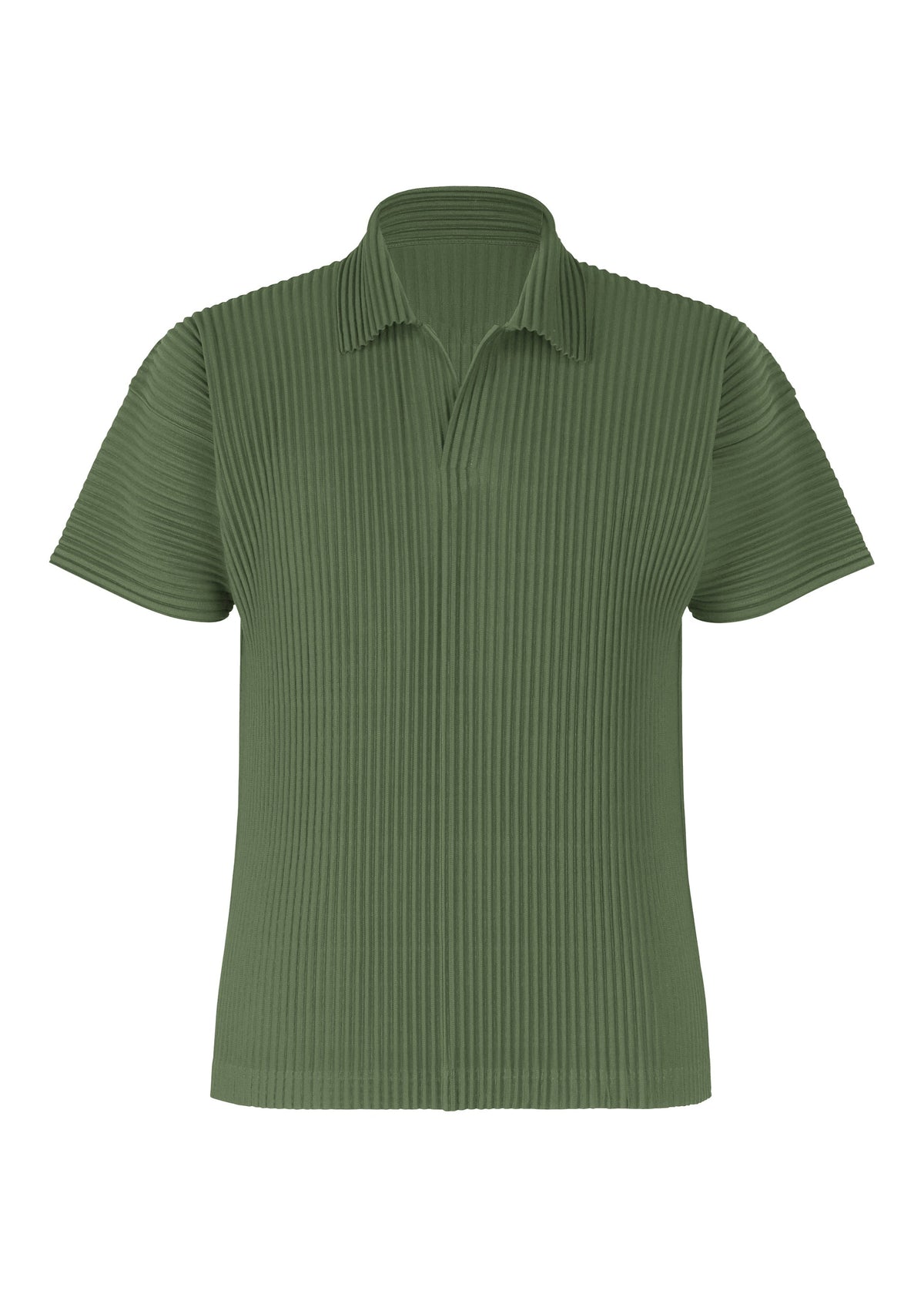 The COLOR PLEATS 2 by HOMME PLISSÉ ISSEY MIYAKE is an olive green, short-sleeved pleated polo shirt with a vertical ribbed texture, soft collar, and quick-drying polyester, shown on a plain white background. view 1 of 4