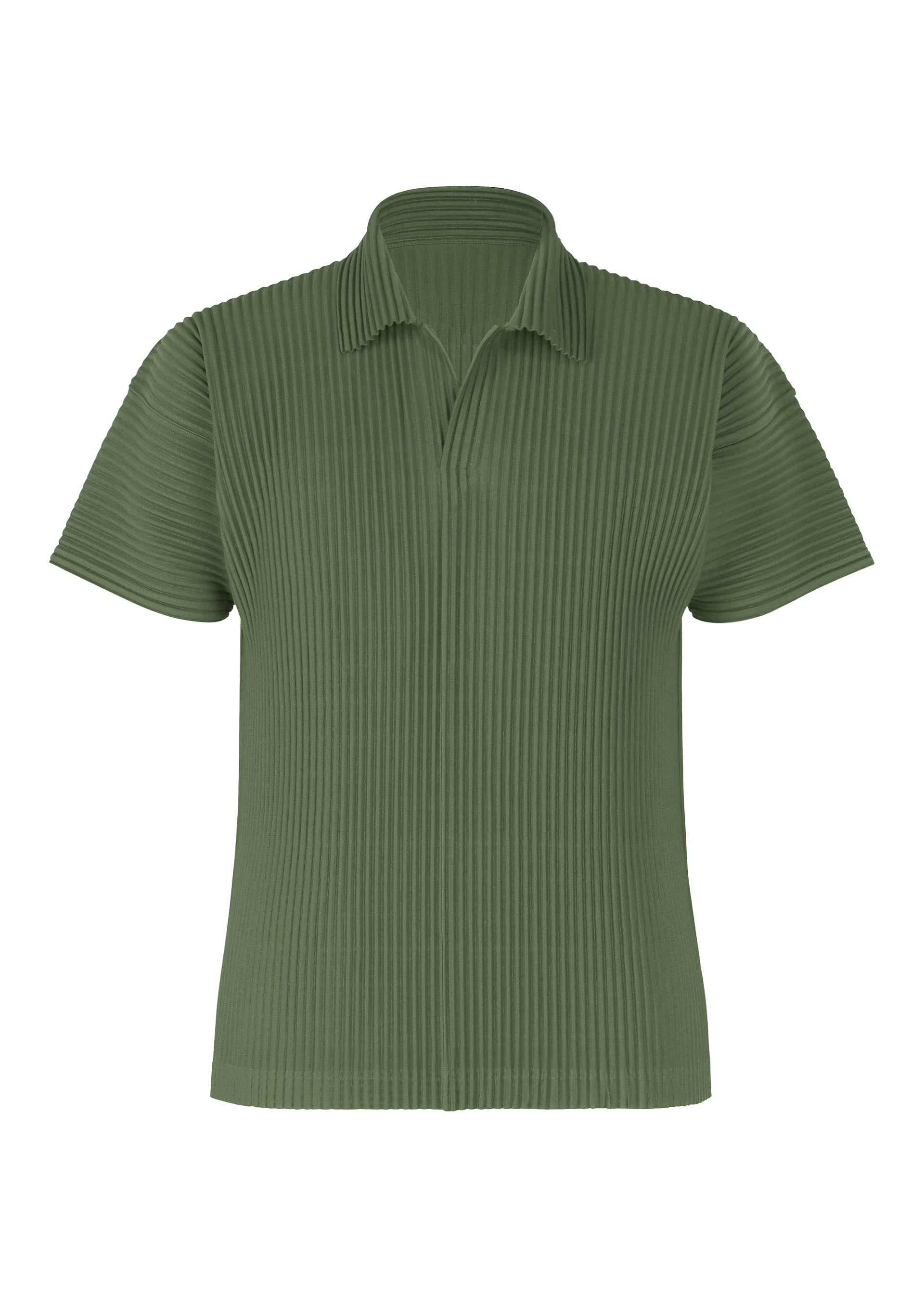 Zoomed view The COLOR PLEATS 2 by HOMME PLISSÉ ISSEY MIYAKE is an olive green, short-sleeved pleated polo shirt with a vertical ribbed texture, soft collar, and quick-drying polyester, shown on a plain white background. - DUOMO DOOR GREEN （no.69）