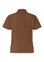 The COLOR PLEATS 2 by HOMME PLISSÉ ISSEY MIYAKE is a brown, short-sleeve ribbed shirt with vertical pleats, a small collar, and quick-drying polyester, inspired by classic pleated polo styles.