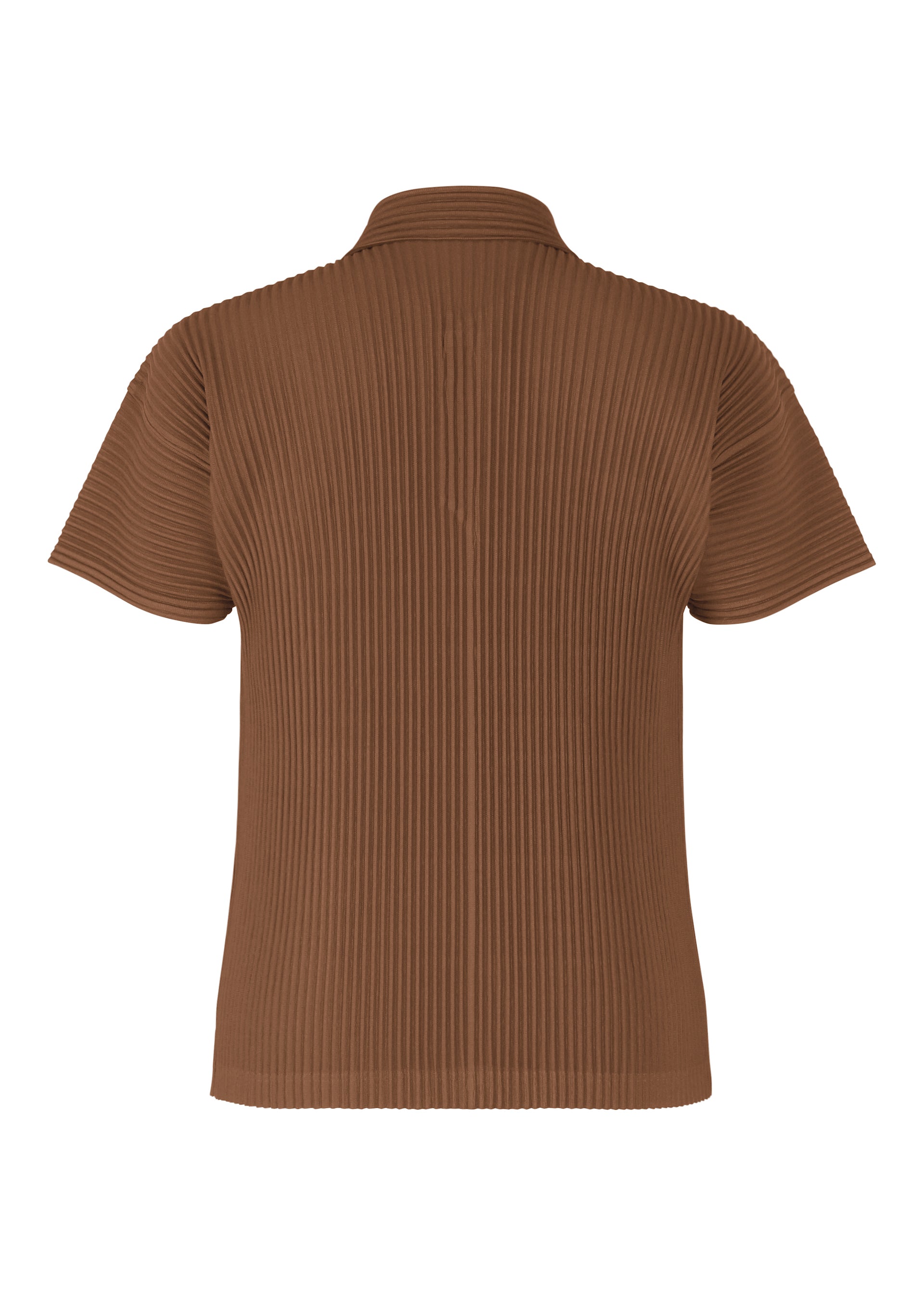 Zoomed view The COLOR PLEATS 2 by HOMME PLISSÉ ISSEY MIYAKE is a brown, short-sleeve ribbed shirt with vertical pleats, a small collar, and quick-drying polyester, inspired by classic pleated polo styles.