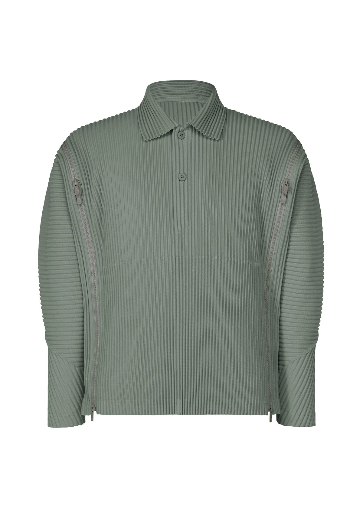 The MULTI-FASTENED by HOMME PLISSÉ ISSEY MIYAKE is a sage green, long-sleeved polo with a classic collar, front button closure, and adjustable vertical zippers from shoulders to cuffs for versatile styling. view 2 of 7