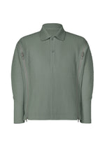 The MULTI-FASTENED by HOMME PLISSÉ ISSEY MIYAKE is a sage green, long-sleeved polo with a classic collar, front button closure, and adjustable vertical zippers from shoulders to cuffs for versatile styling. - LUCCA STORICO BLUE （no.73）