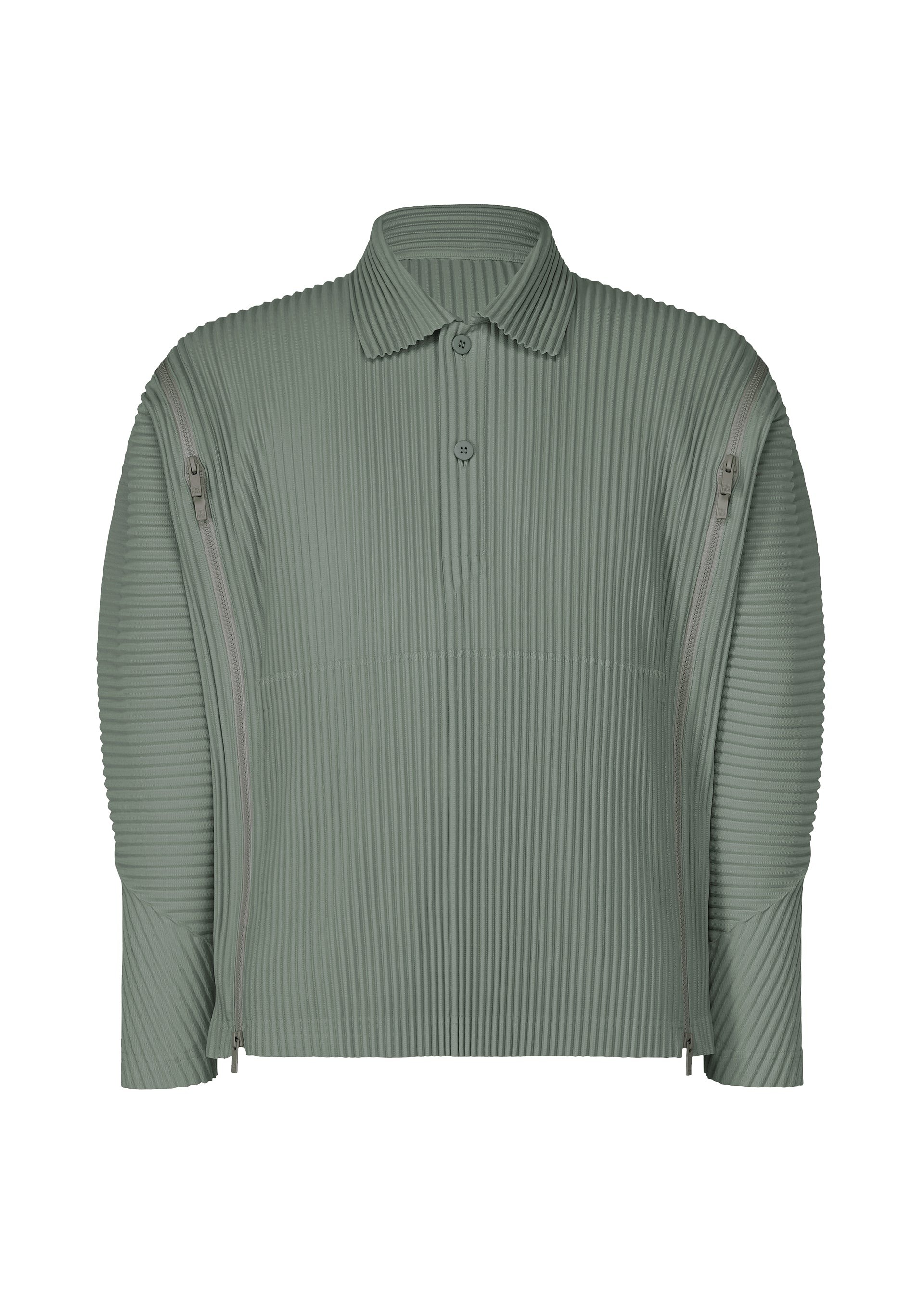Zoomed view The MULTI-FASTENED by HOMME PLISSÉ ISSEY MIYAKE is a sage green, long-sleeved polo with a classic collar, front button closure, and adjustable vertical zippers from shoulders to cuffs for versatile styling. - LUCCA STORICO BLUE （no.73）