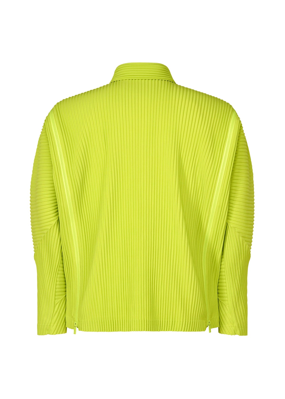 Back view of the MULTI-FASTENED jacket by HOMME PLISSÉ ISSEY MIYAKE in bright yellow-green, featuring a structured pleated design with vertical ribbed texture, stand collar, and adjustable zipper for versatile styling. view 3 of 7