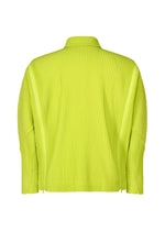 Back view of the MULTI-FASTENED jacket by HOMME PLISSÉ ISSEY MIYAKE in bright yellow-green, featuring a structured pleated design with vertical ribbed texture, stand collar, and adjustable zipper for versatile styling.