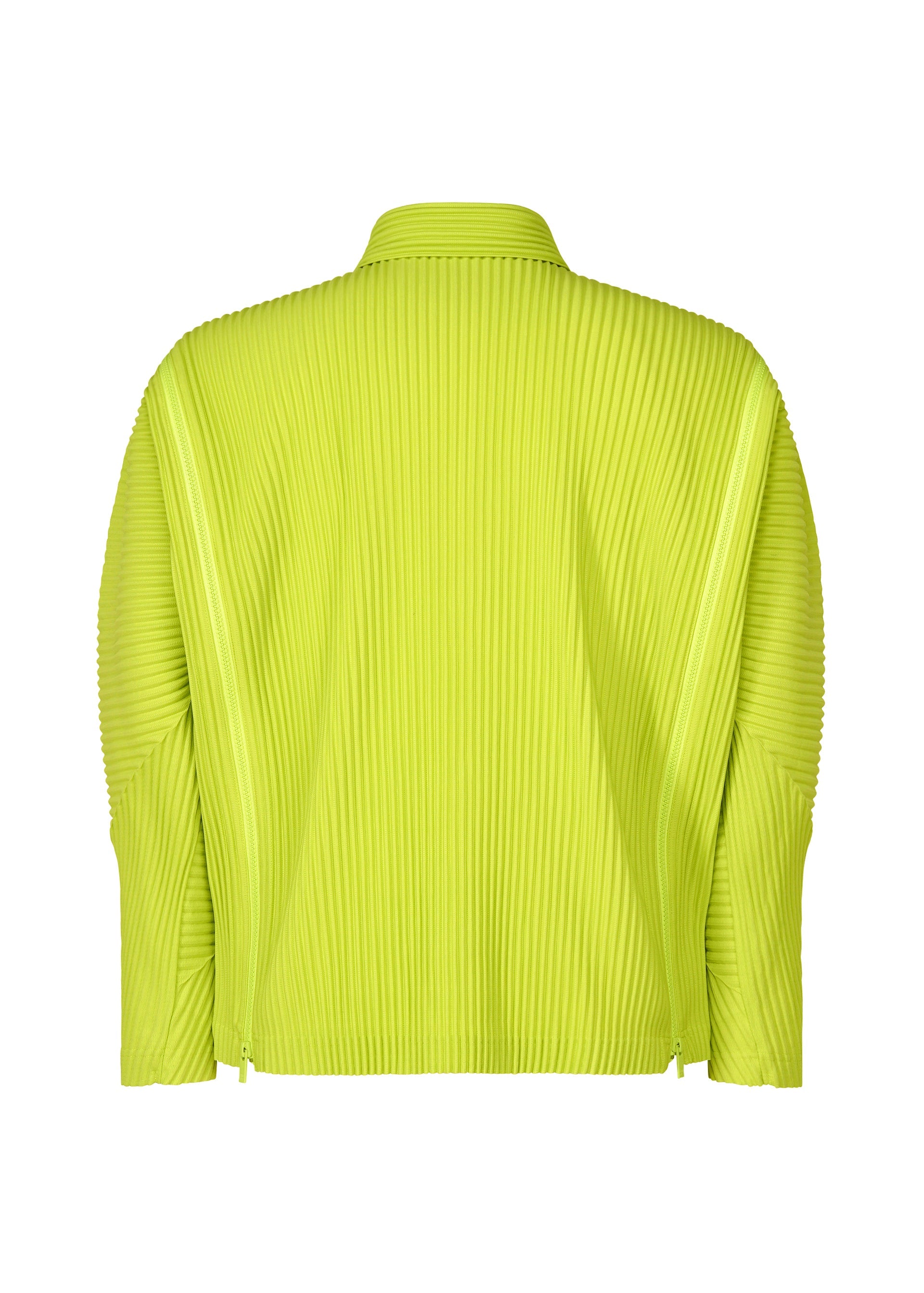 Zoomed view Back view of the MULTI-FASTENED jacket by HOMME PLISSÉ ISSEY MIYAKE in bright yellow-green, featuring a structured pleated design with vertical ribbed texture, stand collar, and adjustable zipper for versatile styling.
