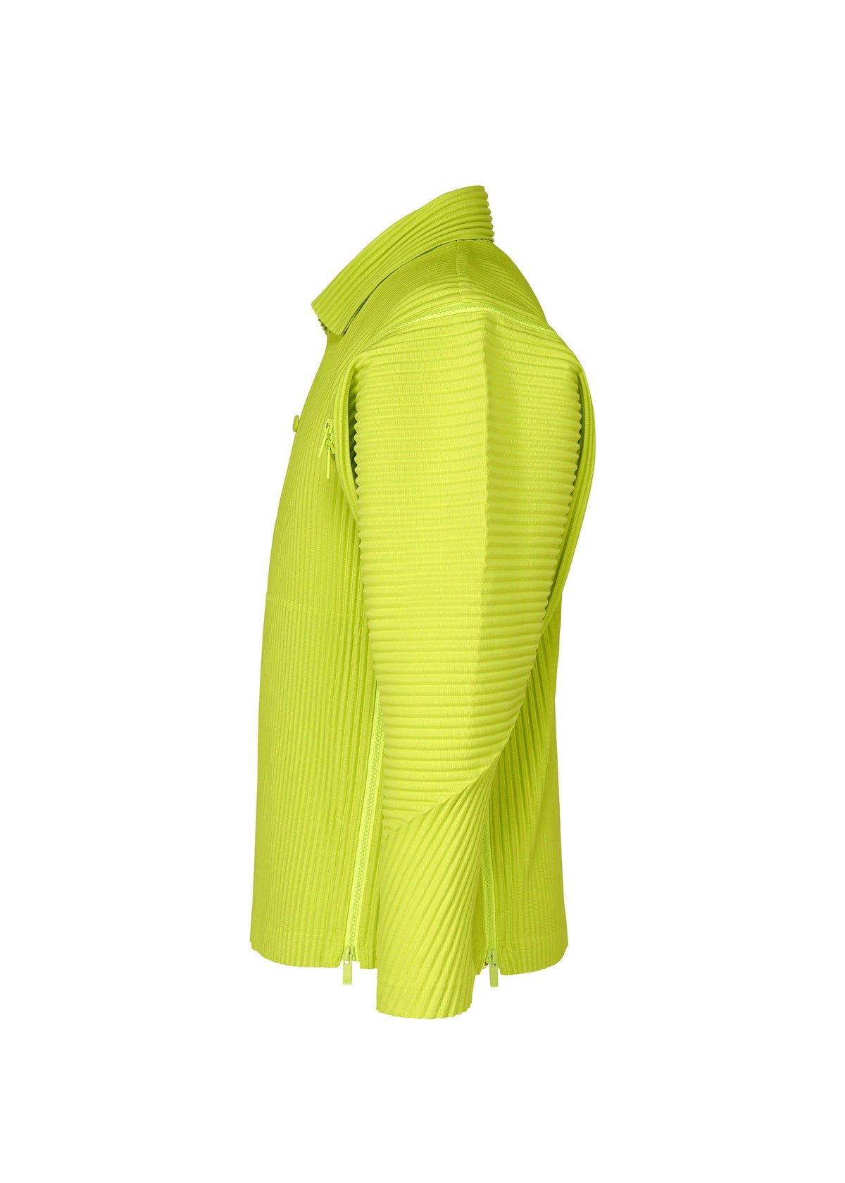 The MULTI-FASTENED jacket by HOMME PLISSÉ ISSEY MIYAKE is shown side-on against a white background, featuring bright yellow-green ribbed fabric, long sleeves, collar, visible seams and zippers for versatile styling. view 4 of 7