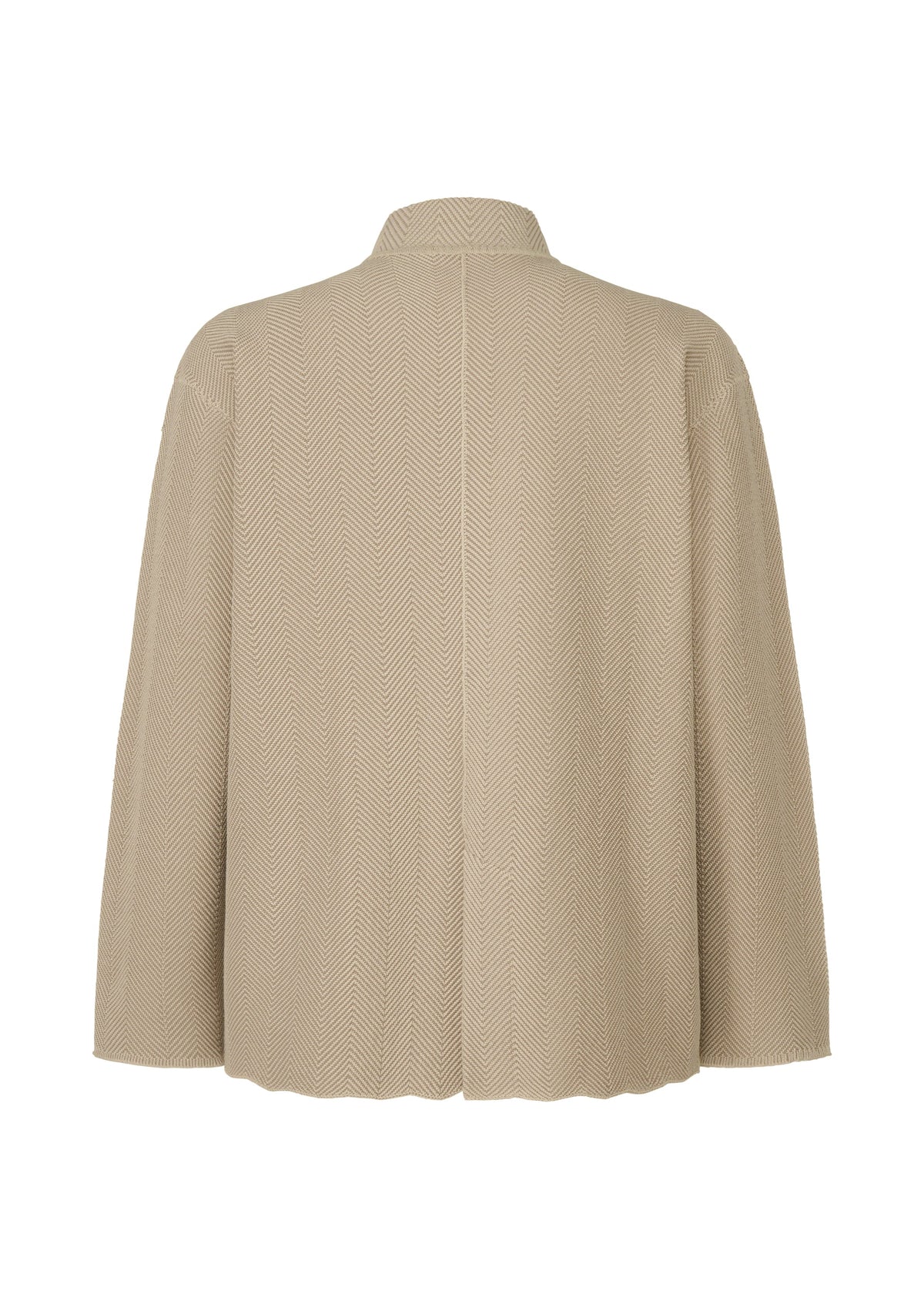 HOMME PLISSÉ ISSEY MIYAKE’s INLAID KNIT blazer in beige is shown from the back, featuring a subtle herringbone pattern and a slightly loose, boxy fit in a lightweight, structured design. view 3 of 7