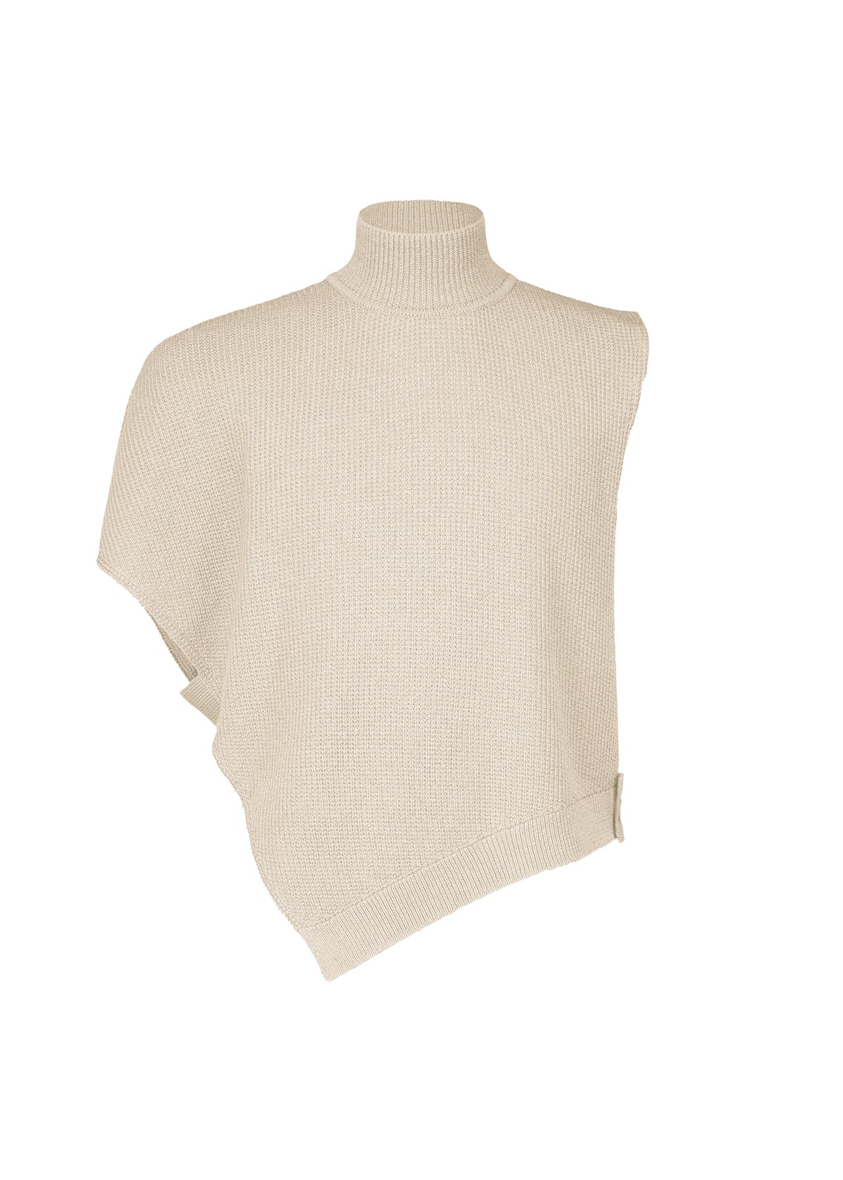The WAFER KNIT by HOMME PLISSÉ ISSEY MIYAKE is a beige, asymmetrical turtleneck poncho in waffle knit that drapes over one shoulder for a relaxed, textured look—perfect for layering and styled against a white background. view 2 of 8