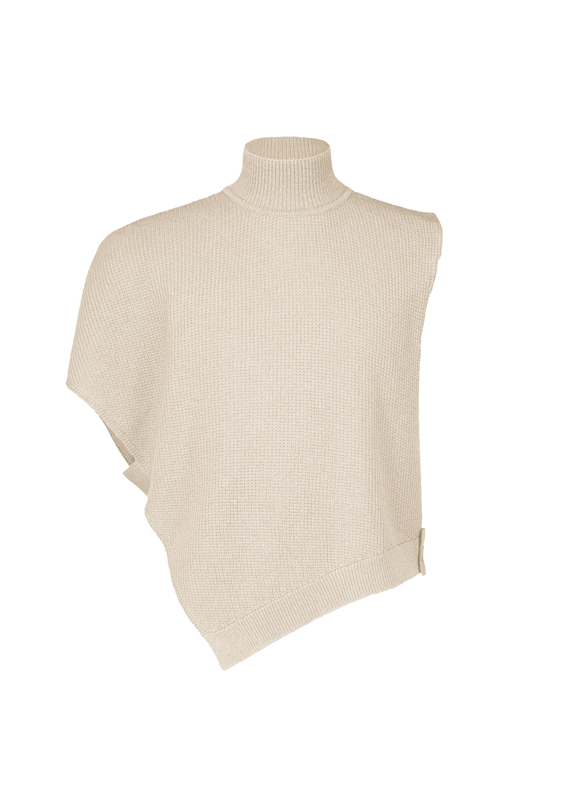 Zoomed view The WAFER KNIT by HOMME PLISSÉ ISSEY MIYAKE is a beige, asymmetrical turtleneck poncho in waffle knit that drapes over one shoulder for a relaxed, textured look—perfect for layering and styled against a white background. - IVORY （no.41）
