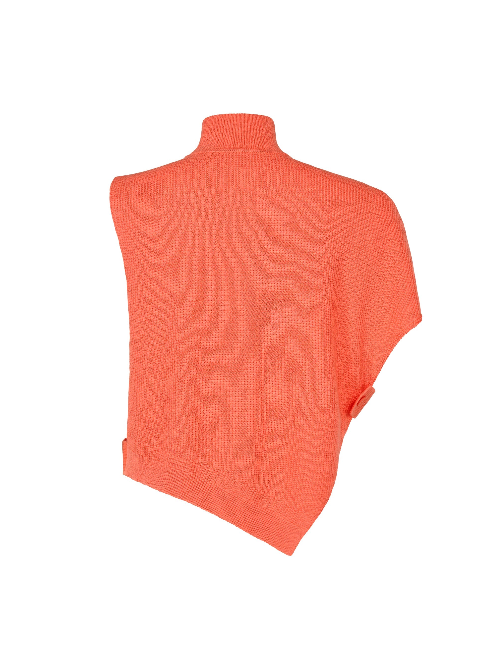 Zoomed view The HOMME PLISSÉ ISSEY MIYAKE WAFER KNIT is a vibrant coral asymmetrical top with a high neckline, one short sleeve, and waffle knit texture—ideal for layering—shown on a plain white background.