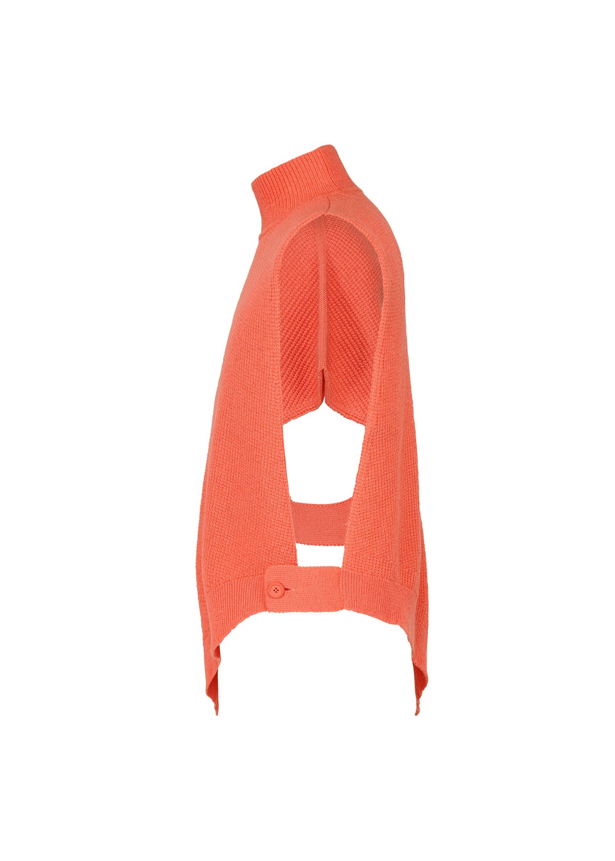 Side view of the WAFER KNIT sleeveless asymmetrical top by HOMME PLISSÉ ISSEY MIYAKE in orange, featuring an open back, high neckline, and a buttoned horizontal strap. Shown against a plain white background. view 4 of 8
